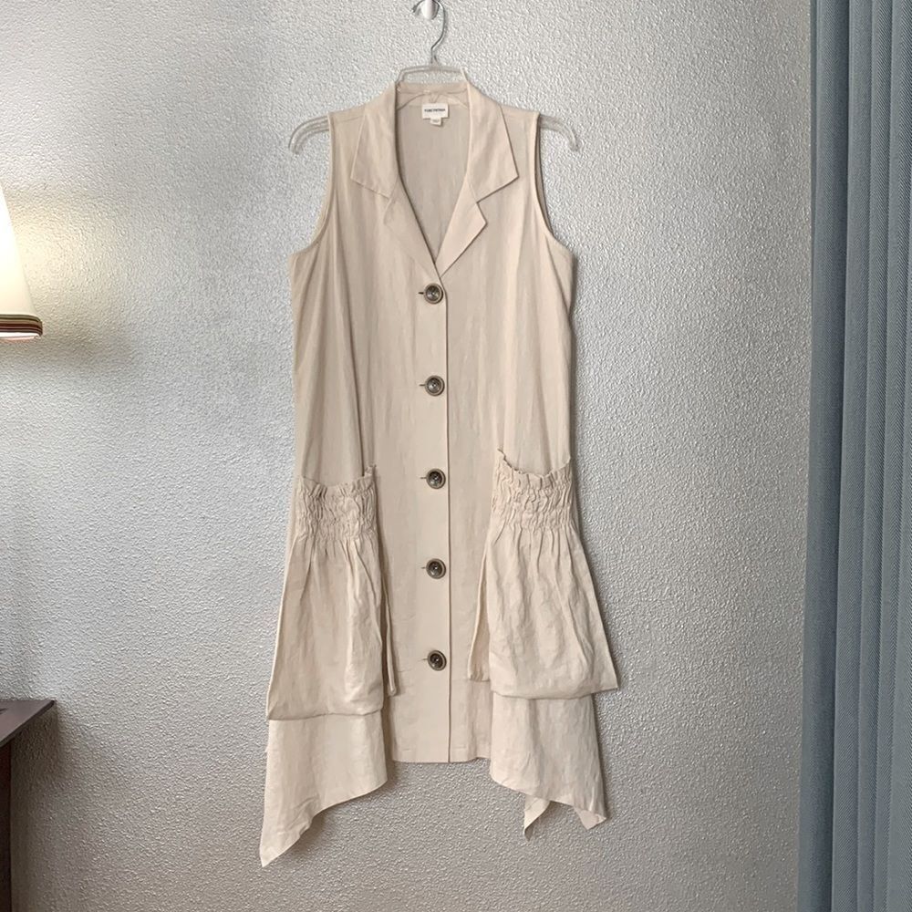 FOR CYNTHIA linen blend button front dress ruched pockets handkerchief hem sz M